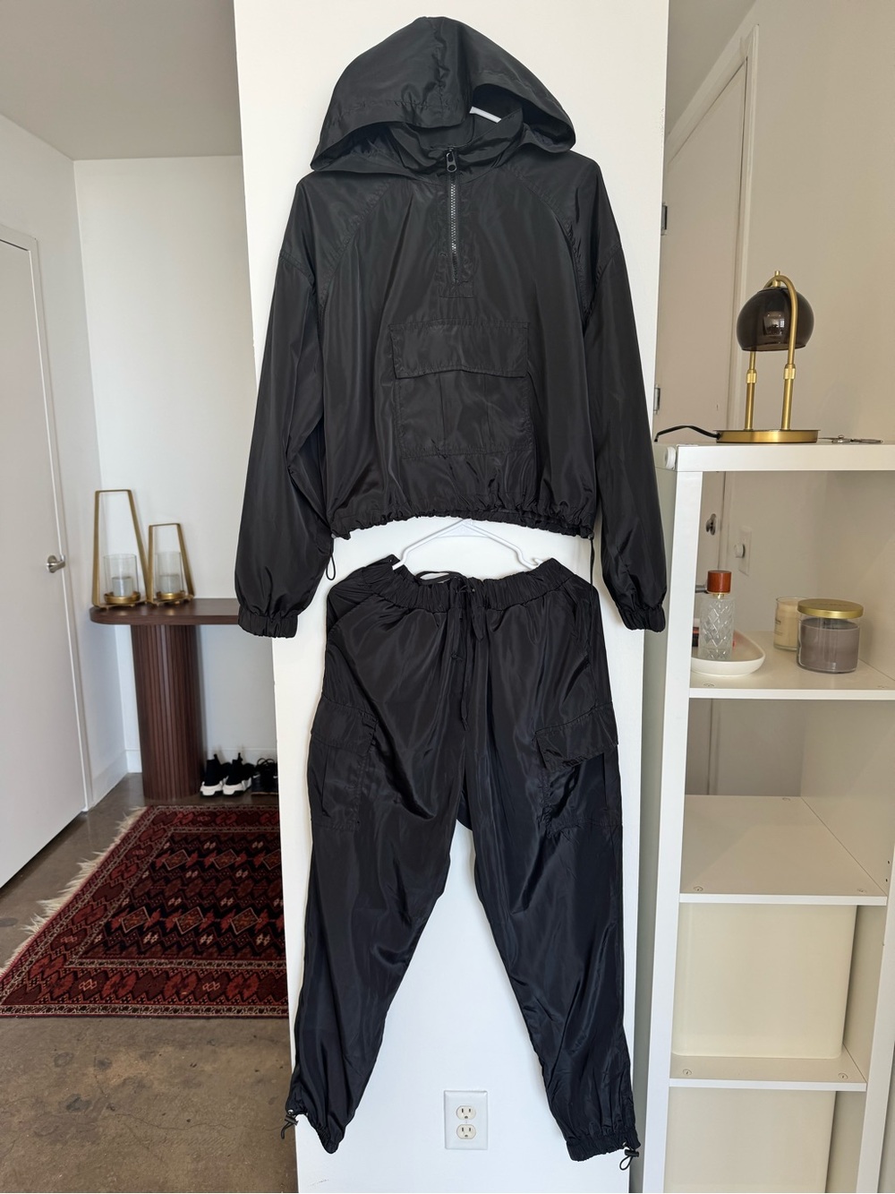 Women's Black Hooded Track Suit - Jacket & Jogger Anorak Pullover